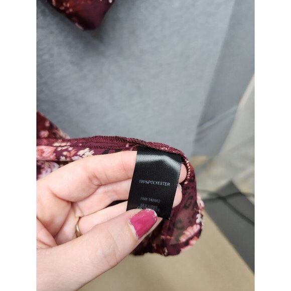 Torrid 2x Shear Floral Burgundy Button-Down Babydoll Tunic Blouse 3/4 Sleeves 10 - Picture 6 of 8